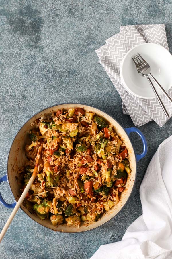 chorizo, broccoli, and rice skillet meal is ready in just 25 minutes, using simple, flavorful ingredients. gluten/dairy free.