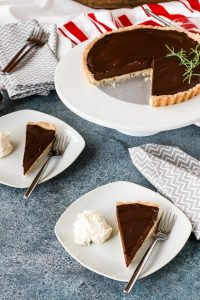 this rosemary chocolate tart is decadent with rich chocolate flavor, perfectly complemented by rosemary. easy to make, keeps well for holiday baking ease.