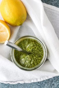 lemony basil pesto is just 6 (vegan/dairy free) ingredients and is ready in 5 minutes! delicious on scrambled eggs, roasted veggies, pasta, and grain bowls!