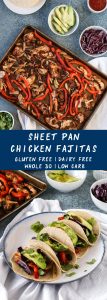 sheet pan chicken fajitas are fast and easy to prepare for dinner with a simple homemade spice rub and just one sheet pan. this customizable recipe can be gluten free, dairy free, low card, whole 30, or even vegetarian/vegan. get the recipe now and have easy chicken fajitas for dinner tonight! #sheetpan #chickenfajitas #glutenfree #dairyfree #whole30 #weeknight #healthymexicanfood