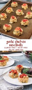 garlic chicken meatballs have a bold garlic flavor packaged in a light, fluffy meatball that goes well with nearly any vegetable for a healthy dinner. the meatballs make great leftovers too. garlic-lovers, get the recipe today! gluten free, dairy free, paleo, whole30, keto, low carb