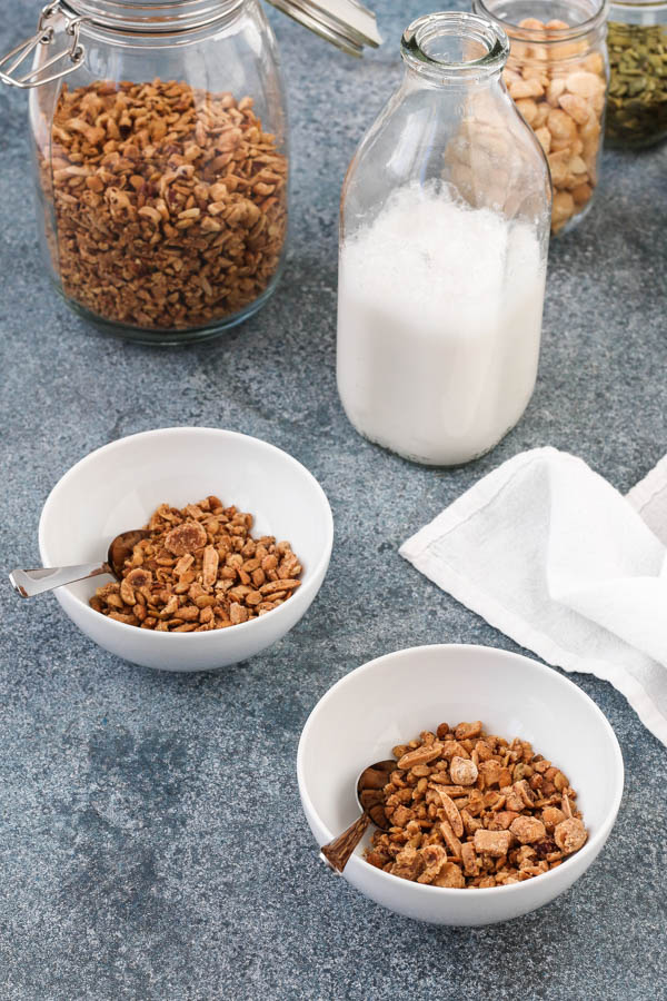 maple grain free granola uses maple extract to achieve great maple flavor without lots of added sugar. recipe includes no sugar added and large cluster variations. gluten free, grain free, dairy free, low carb, low sugar, delicious! get the recipe today and get your breakfast/snacks sorted!