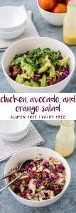 chicken, avocado, and orange salad in a white bowl