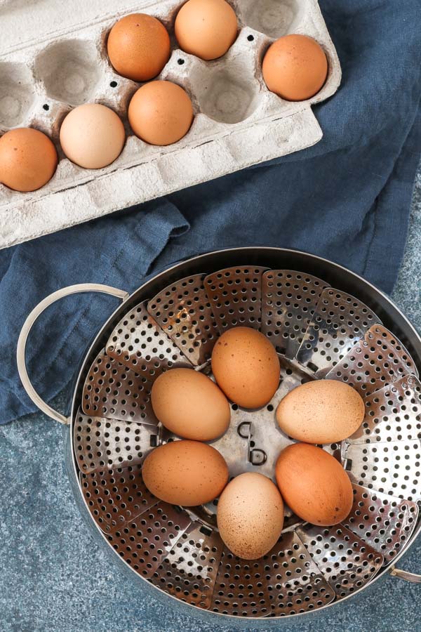 easy peel hard boiled eggs in a steamer basket
