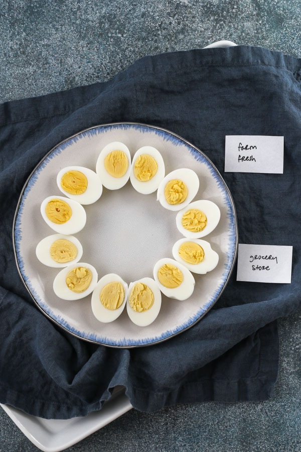 easy peel hard boiled eggs sliced in half on a serving plate
