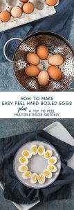 easy peel hard boiled eggs in a steamer basket and sliced in half