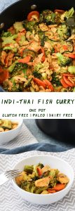 indi-thai fish curry with salmon, vegetables, and coconut milk in a white bowl