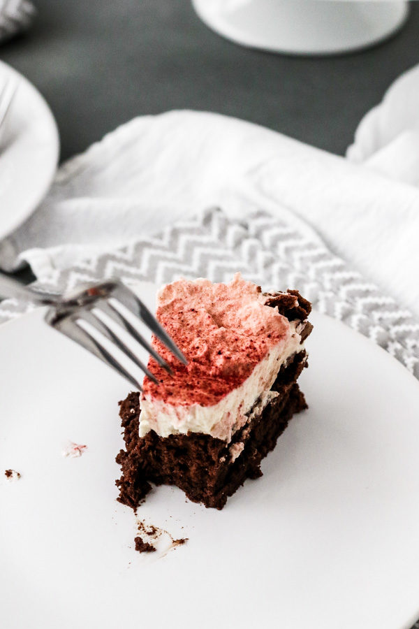 chocolate cloud cake is a decadent contrast of rich, flourless chocolate cake with fluffy whipped cream.  beet powder dresses it up for holidays!